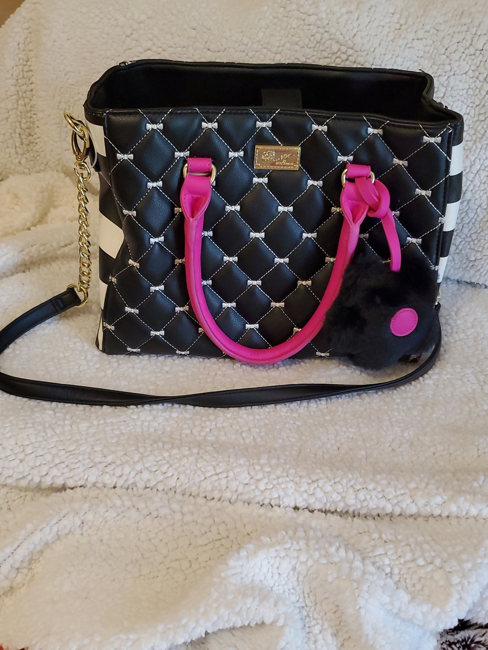 Betsey Johnson Quilted Black Satchel with Hot Pink Handles